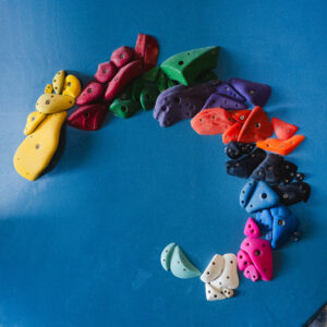 Colorful climbing holds arranged in a semi-circle on a blue indoor climbing wall, each a different color, creating a rainbow effect—perfect for those getting started or following a beginner guide.