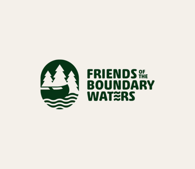 A dark green logo features pine trees, water, and a canoe on the left, with the text Friends of the Boundary Waters and Climb for Community on the right. The water pattern repeats in the letters A in WATERS.