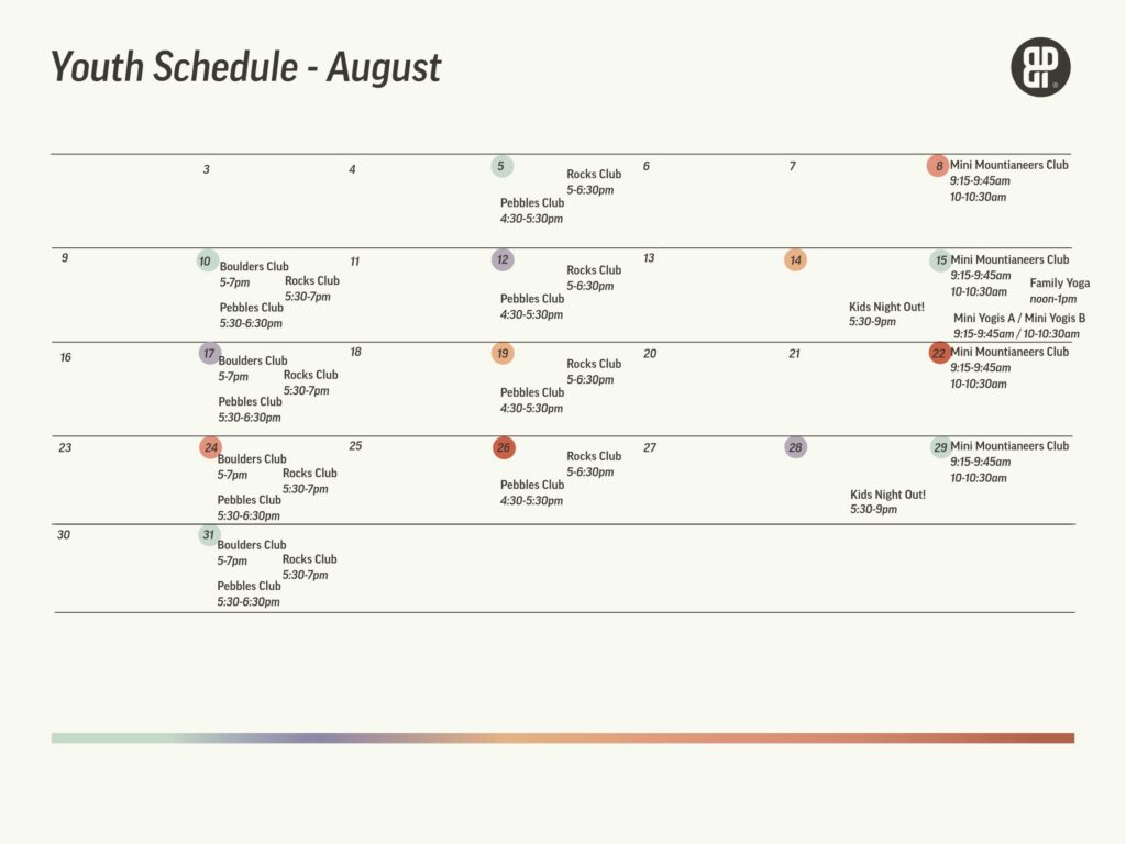 August youth schedule calendar with weekly clubs: Mini Mountaineers, Boulders, Pebbles, Rocks, Kids Night Out, and Family Yoga. Activities—including after school climbing clubs and kids play teams—are color-coded and listed by date and time. Organization logo is in the top right corner.