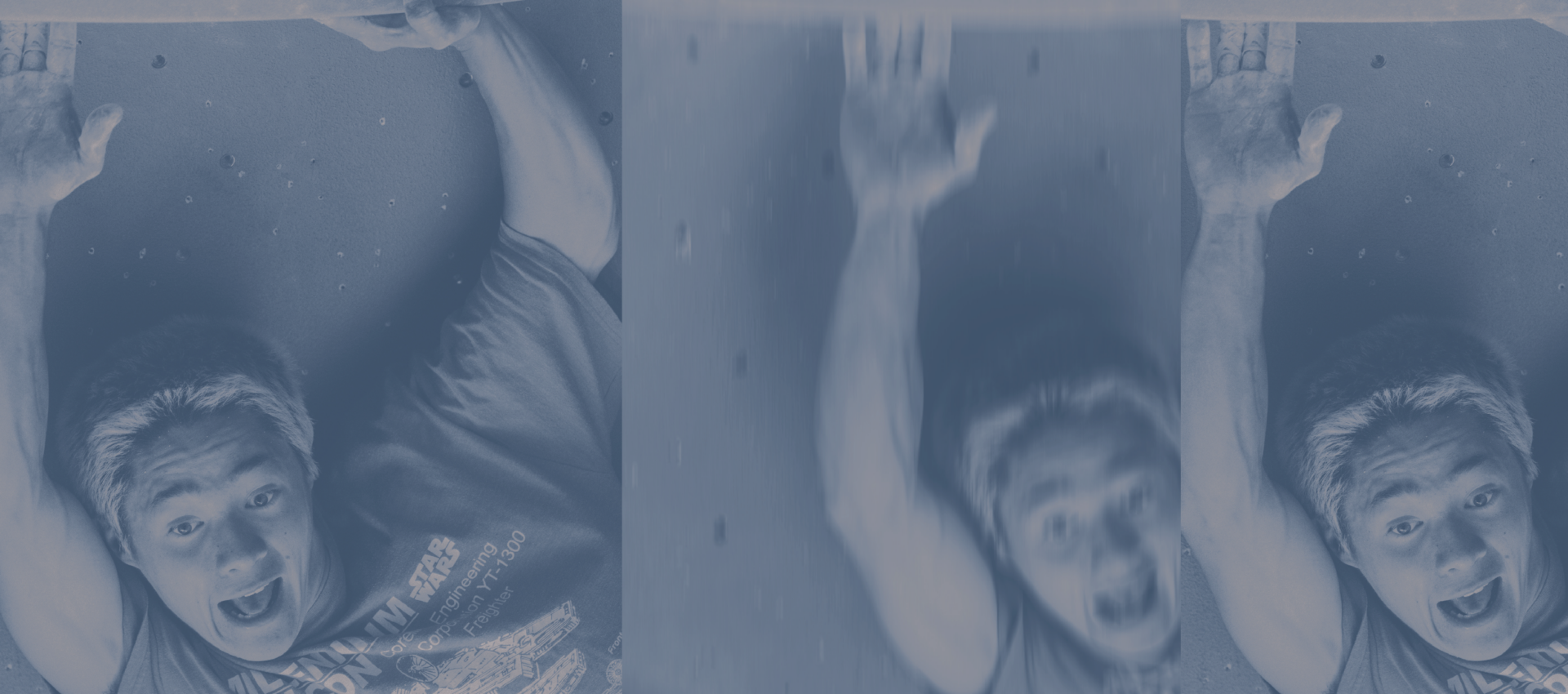 A person hangs onto a climbing wall with one hand, looking up with a surprised expression. The image is shown three times in a blue filter, capturing the dynamic energy of Austin’s 2025 Fall Promo.