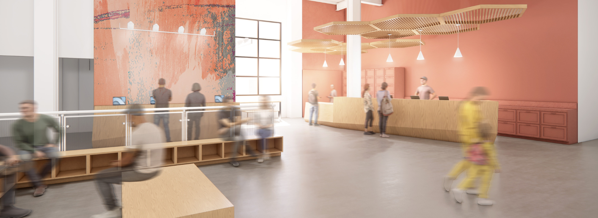 A modern lobby in a DC climbing gym with light wood benches, a large abstract mural, people sitting and standing, and a reception desk with hanging geometric light fixtures. The space is bright with large windows and minimalist decor.