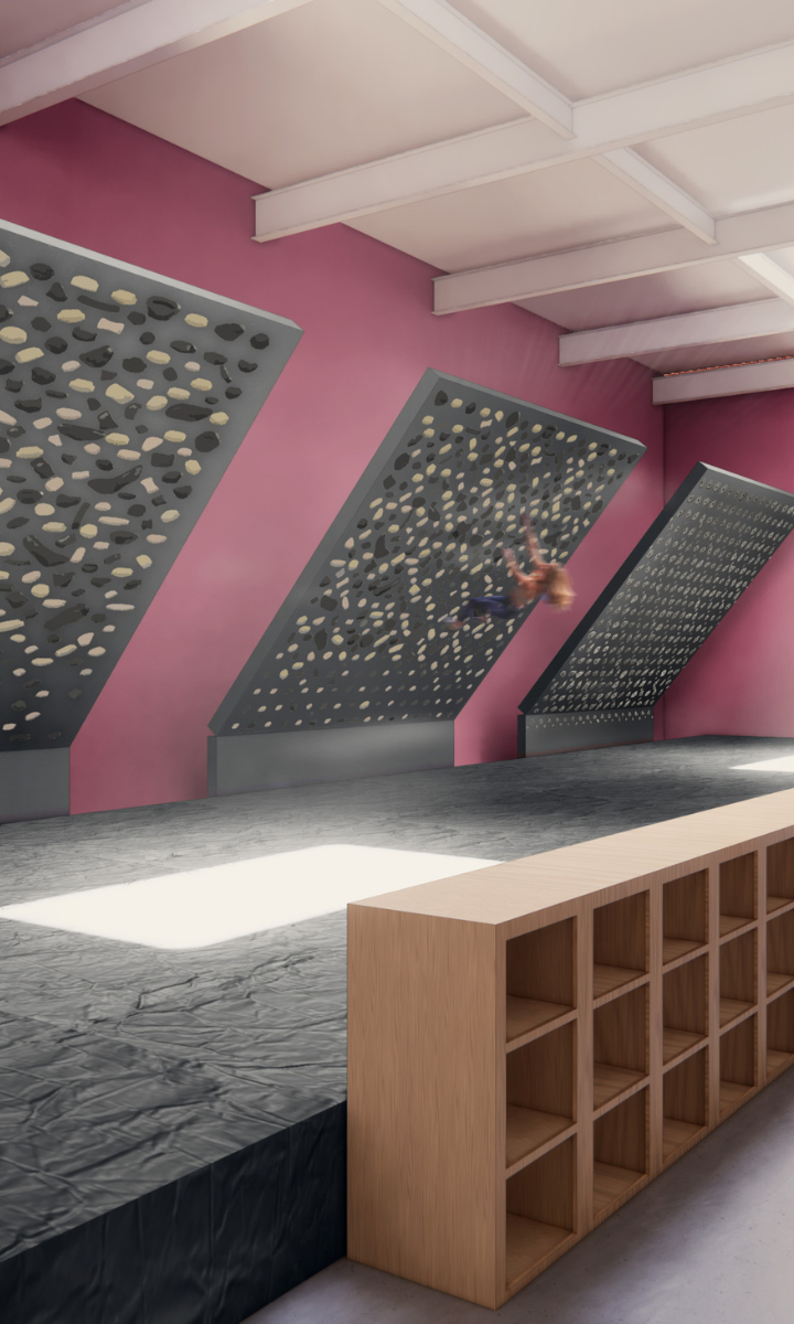 A person climbs on an indoor bouldering wall at a DC climbing gym, surrounded by multiple angled climbing panels, pink walls, padded flooring, and a wooden cubby storage unit in the foreground.