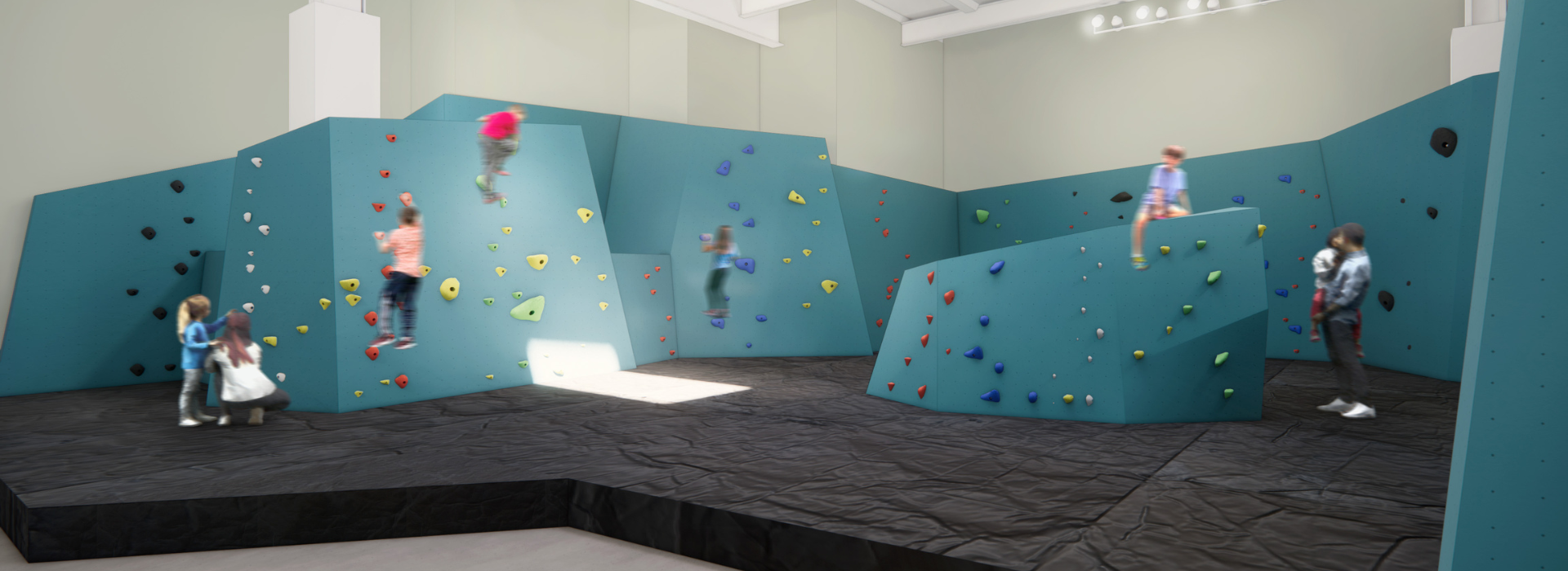Children climb teal bouldering walls with colorful holds inside a spacious, well-lit DC climbing gym. Some adults observe nearby. The floor is covered with thick black safety mats.