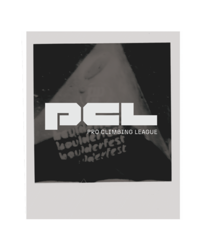 A grayscale Polaroid photo with PCL and Pro Climbing League text overlayed, showing a climbing wall that hints at the energy of a boulderfest community climbing competition, with some blurred text in the background.