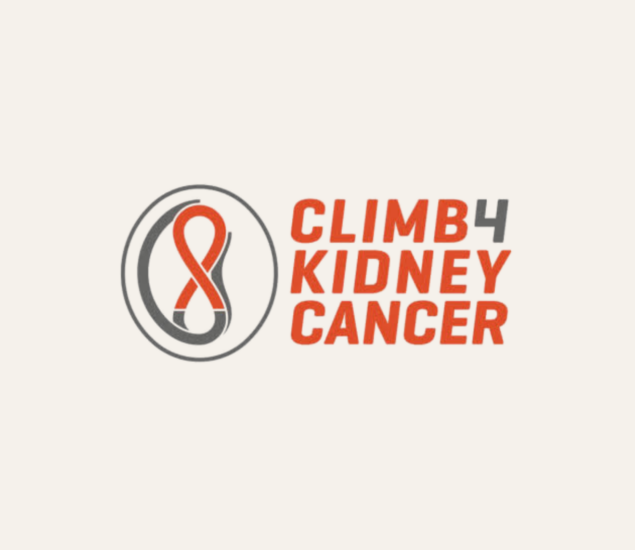 Logo with an orange ribbon inside an oval and the words Climb 4 Kidney Cancer in bold orange and gray text to the right of the ribbon symbol, highlighting the spirit of Climb for Community.