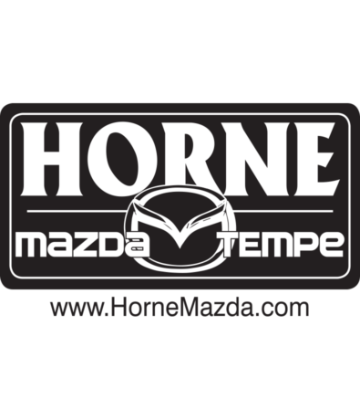 Black and white logo for Horne Mazda Tempe with the Mazda emblem in the center and website www.HorneMazda.com below, designed in celebration of the Tempe Boulderfest competition.