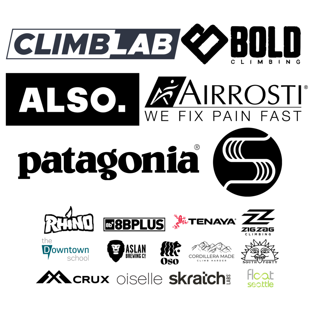 A collage of various company logos, including Patagonia, Airrosti, Bold Climbing, Climb Lab, ALSO., Rhino, 8BPLUS, and others—all in black and white—celebrates the spirit of the Seattle Boulderfest competition.
