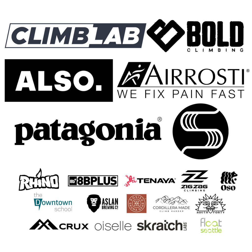 A collection of outdoor and climbing brand logos, including ClimbLab, Bold, Also, Airrosti, Patagonia, Rhino, 8BPlus, Tenaya, ZigZag, Oso, Crux, Oiselle, Skratch Labs, Fleet Feet, and others—perfect for anyone inspired by the Seattle Boulderfest competition.