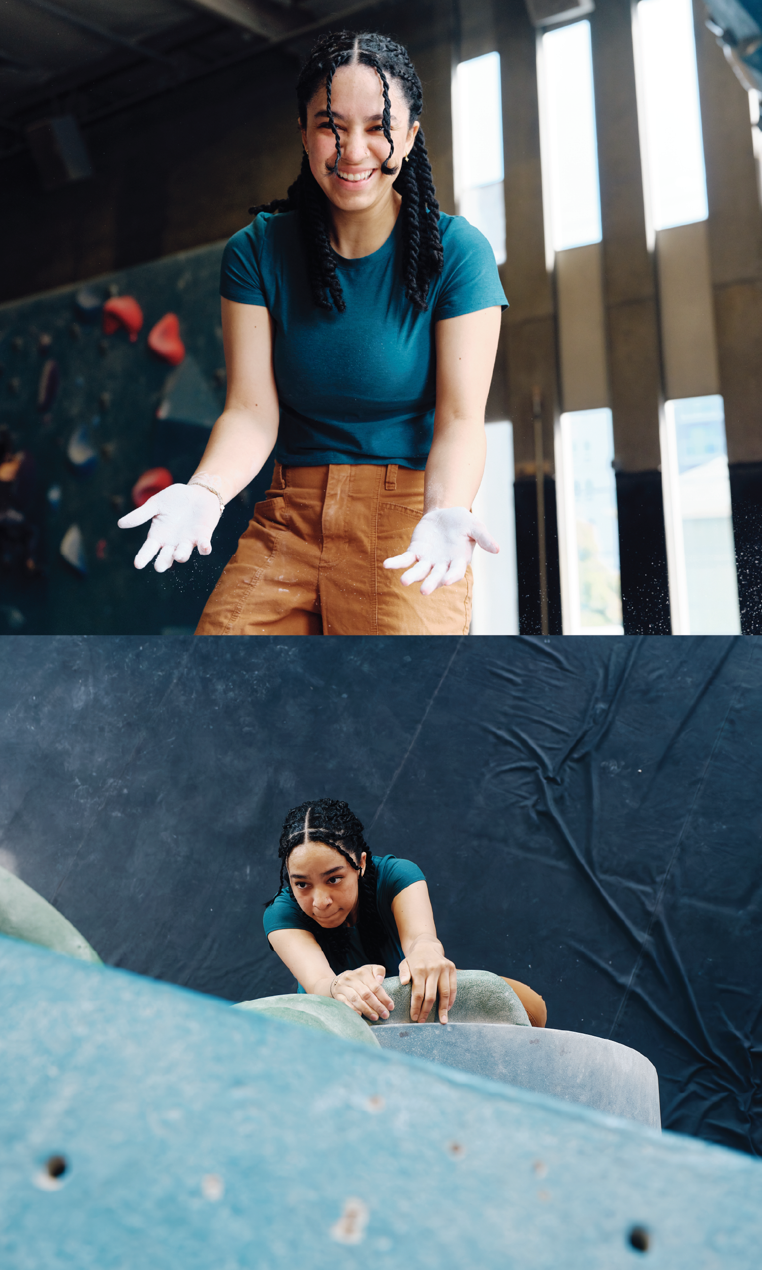 A climber with chalk-dusted hands shows a joyful obsession while smiling in an indoor gym, captured both at rest and while ascending the wall.