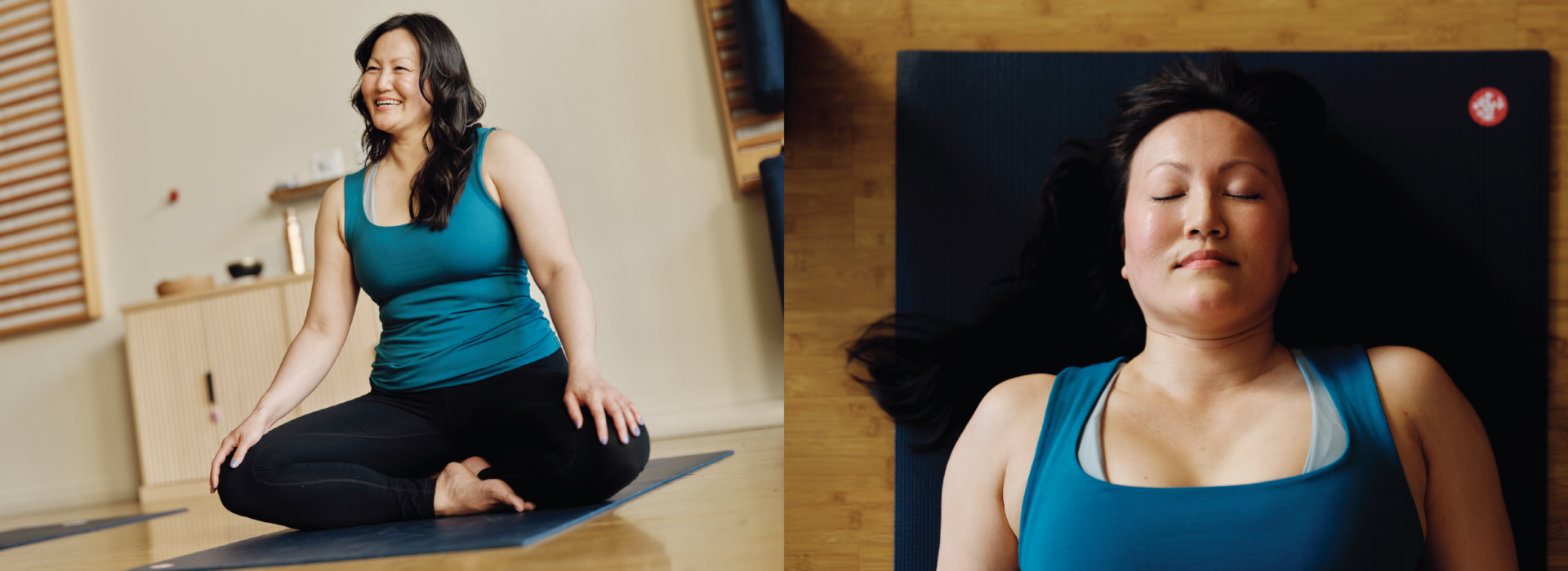 A woman in a teal tank top sits cross-legged on a yoga mat, paired with a close-up of her lying on her back with eyes closed, captured for a landing page.