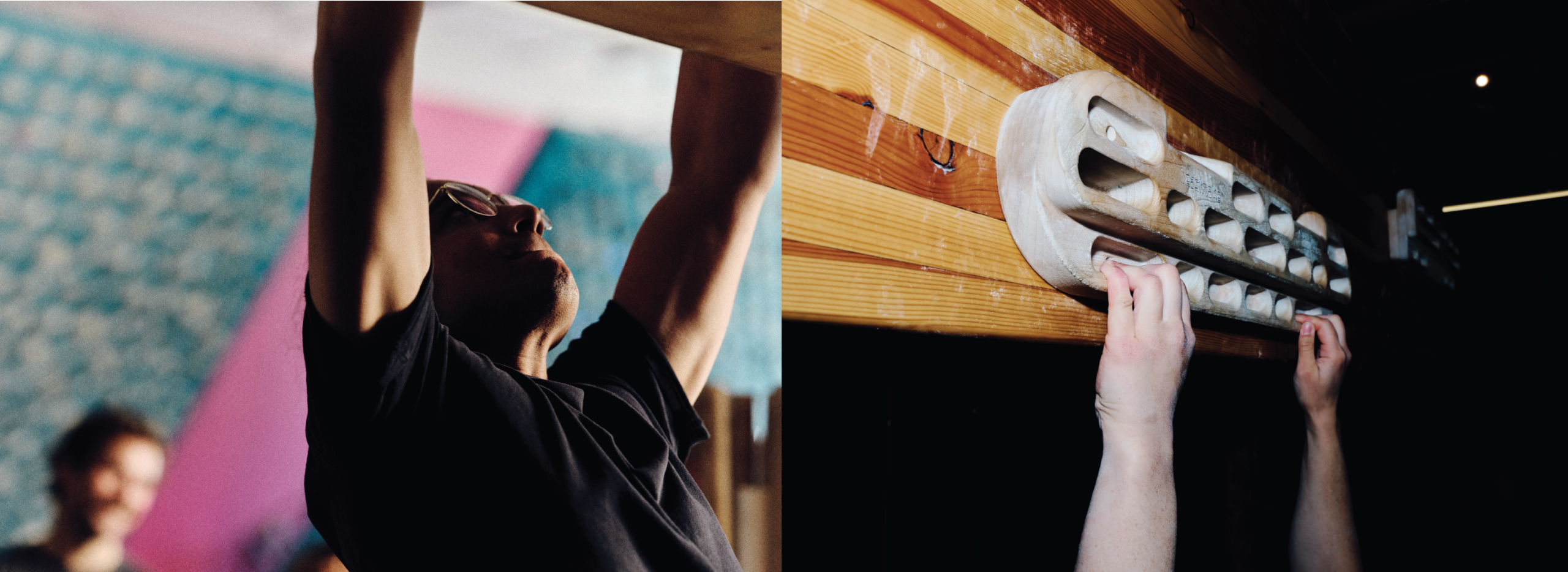A split image showing a person doing a pull-up on a wooden beam on the left and a close-up of hands gripping a hangboard on the right, captured for a brand campaign.