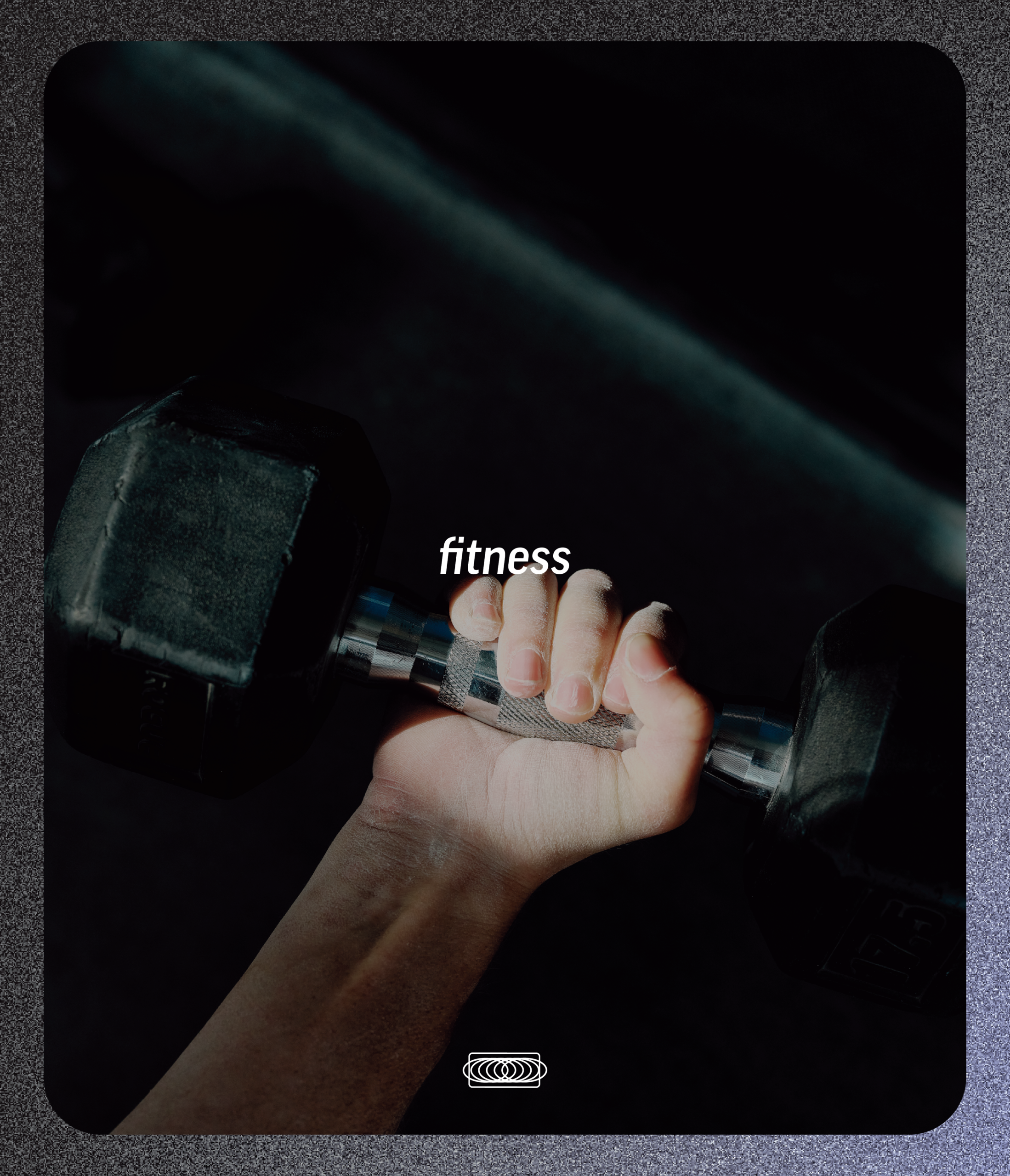 A hand grips a metal dumbbell with fitness overlaid in the center as part of a brand campaign.
